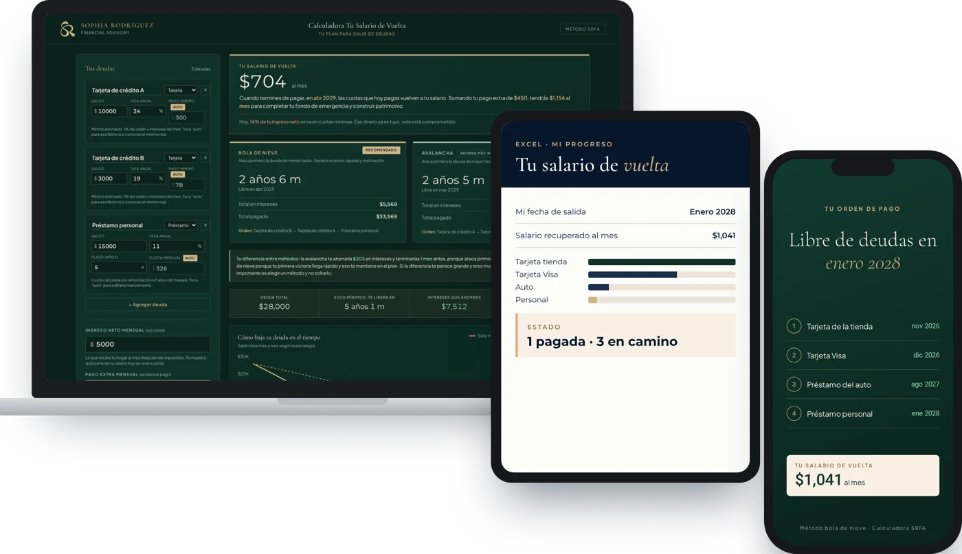 Calculadora Tu Salario de Vuelta en laptop y celular, y Excel Mi progreso